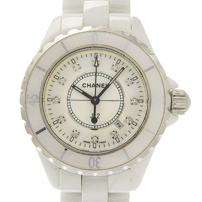 シャネル CHANEL 時計 J12 クォーツ 腕時計 レディース セラミック/SS 12P ダイヤモンド ホワイト文字盤 H1628 中古 CH0940