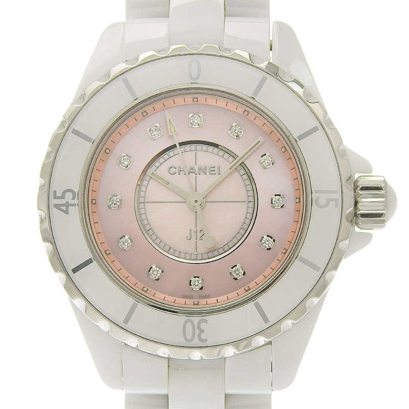 シャネル CHANEL J12 クォーツ 腕時計 セラミック/SS 12P ダイヤ レディース ピンクシェル文字盤 世界1200本限定 H5513 中古 CH0941