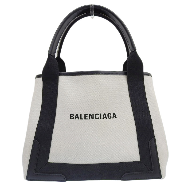バレンシアガ BALENCIAGA ネイビーカバスS トートバッグ キャンバス/レザー ホワイト/ブラック 339933 中古 OB1977