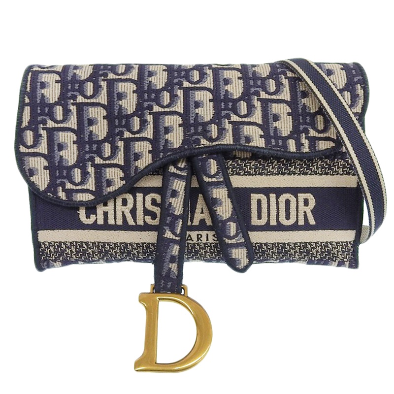 ディオール CHRISTIAN DIOR オブリーグ サドル スリムポーチ バッグ エンブロイダリー キャンバス ネイビー S5647CRIW 中古 OB1979