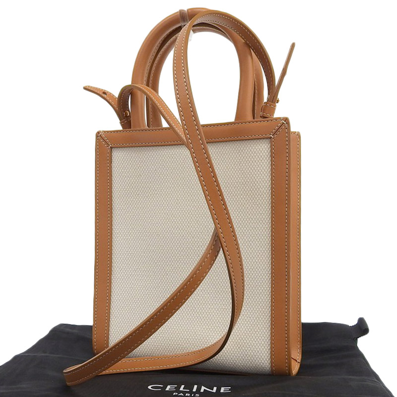 http://セリーヌ%20CELINE%20ミニバーティカルカバ%202WAYバッグ%20ショルダー%20キャンバス/レザー%20ホワイト/ブラウン%20193302BNZ.02NT%20中古%20OB1987