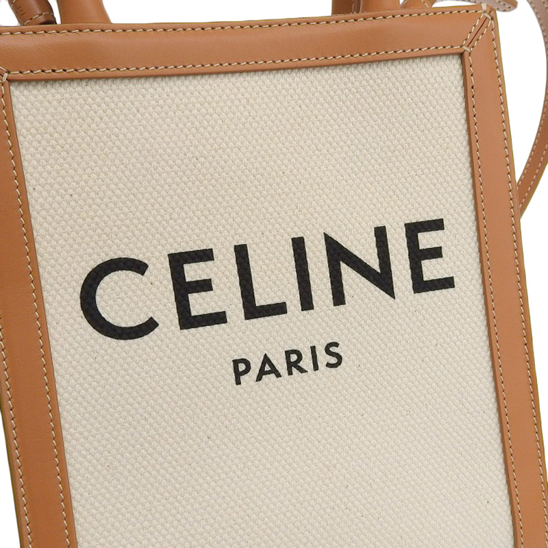 http://セリーヌ%20CELINE%20ミニバーティカルカバ%202WAYバッグ%20ショルダー%20キャンバス/レザー%20ホワイト/ブラウン%20193302BNZ.02NT%20中古%20OB1987