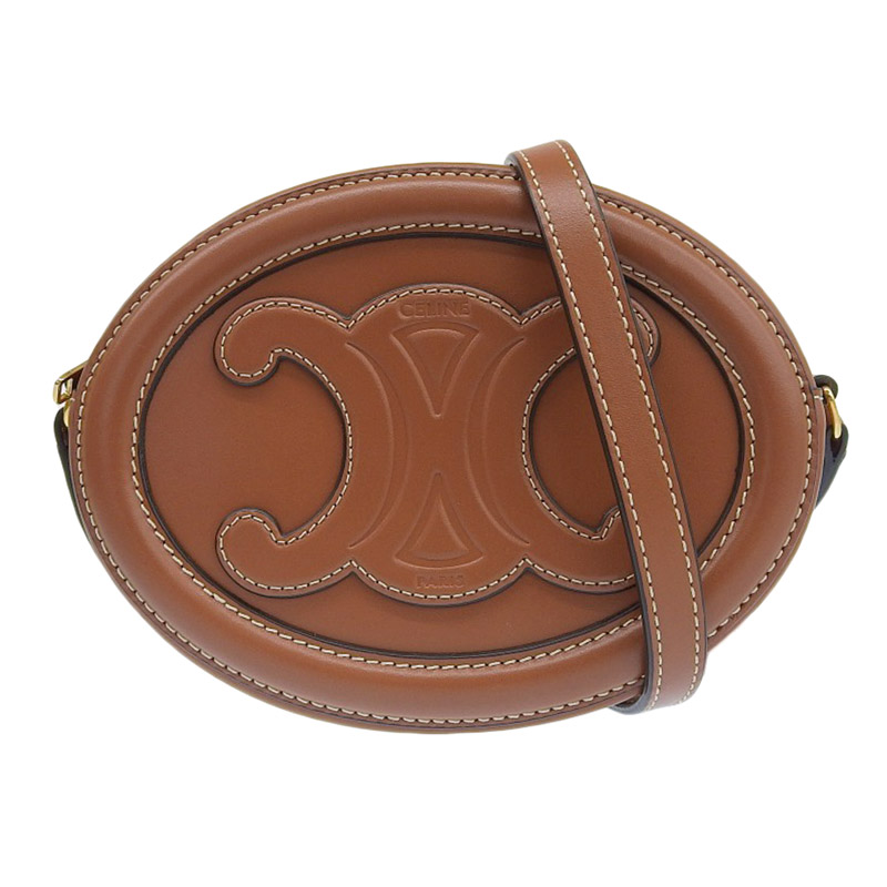 セリーヌ CELINE クロスボディ オーバルパース キュイル トリオンフ スムースカーフスキン タン 10I703DPQ.04LU 美品 OB1988
