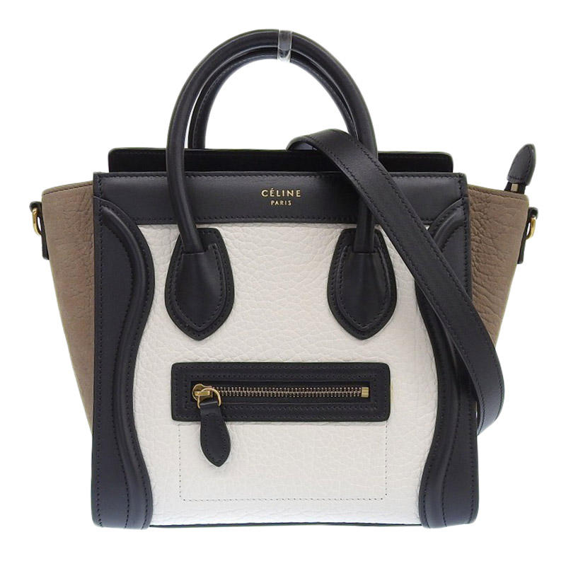 セリーヌ CELINE ラゲージ ナノショッパー 2WAYバッグ ハンドバッグ ショルダー レザー ホワイト ブラック ブラウン 中古 OB1991