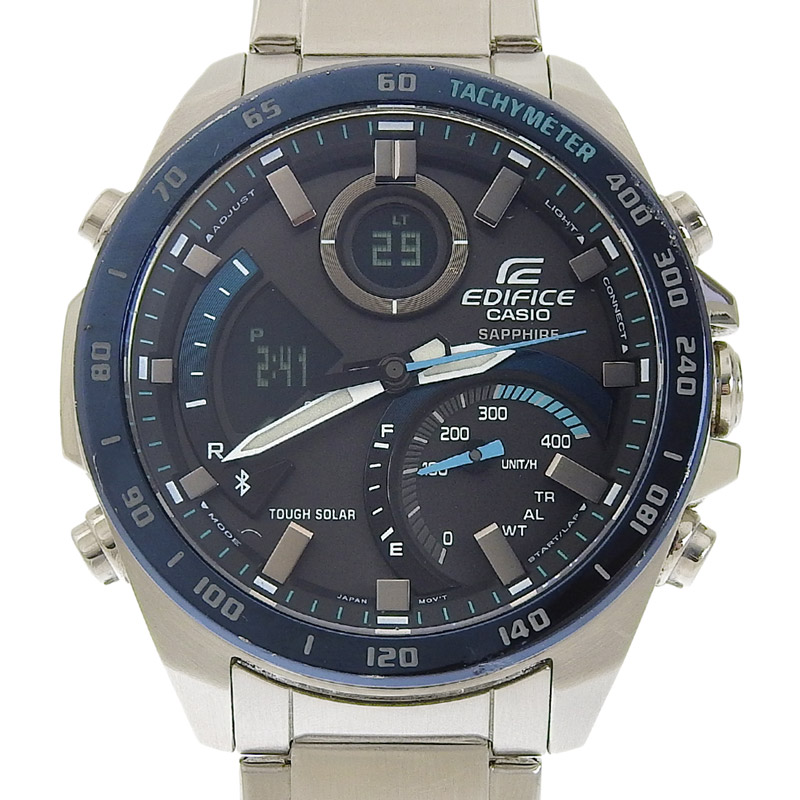 カシオ CASIO 時計 エディフィス ソーラー 腕時計 メンズ SS ブラック/ブルー文字盤 スマートフォンリンク ECB-900Y 中古 OW0436