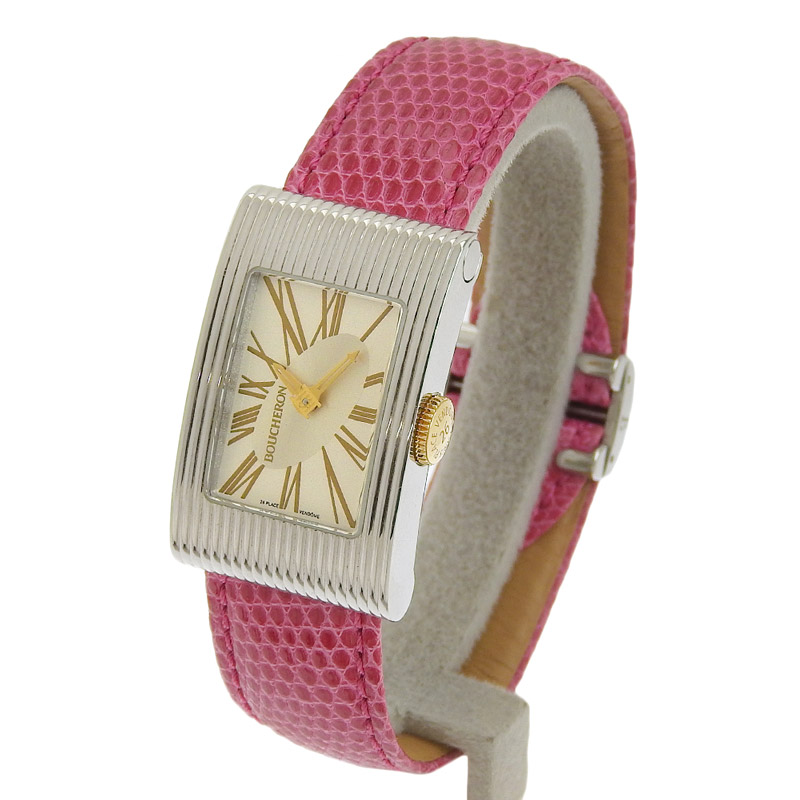 http://ブシュロン%20BOUCHERON%20時計%20リフレ%20クォーツ%20腕時計%20レディース%20SS/K18/レザー%20シルバー文字盤%20中古%20OW0438