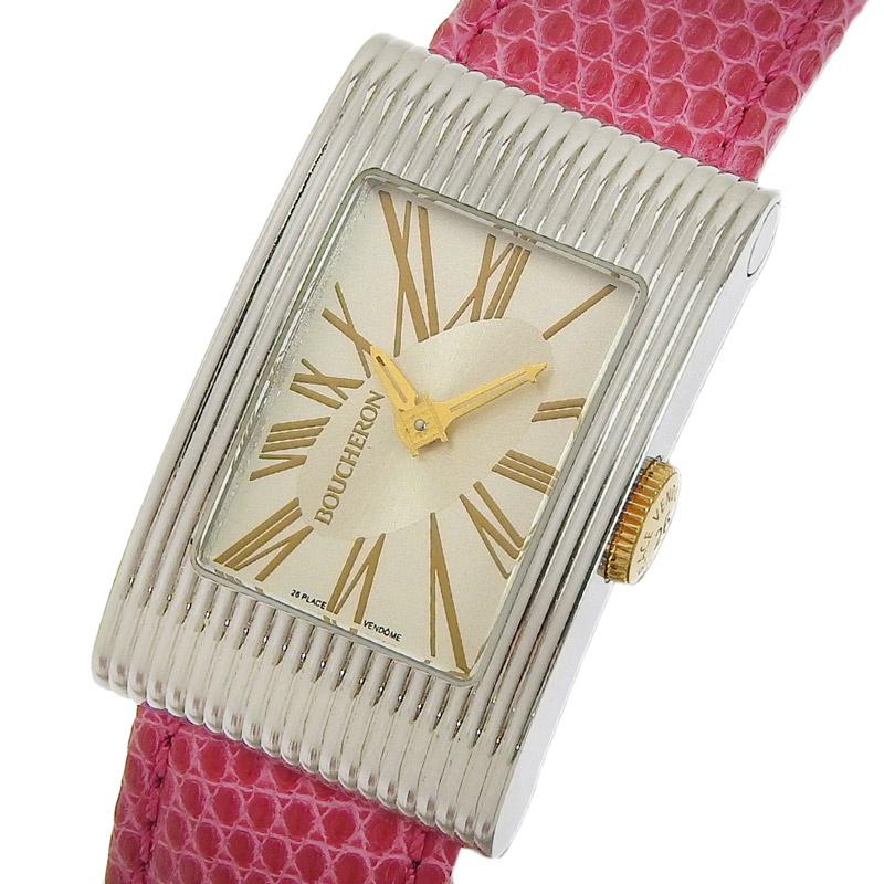 http://ブシュロン%20BOUCHERON%20時計%20リフレ%20クォーツ%20腕時計%20レディース%20SS/K18/レザー%20シルバー文字盤%20中古%20OW0438