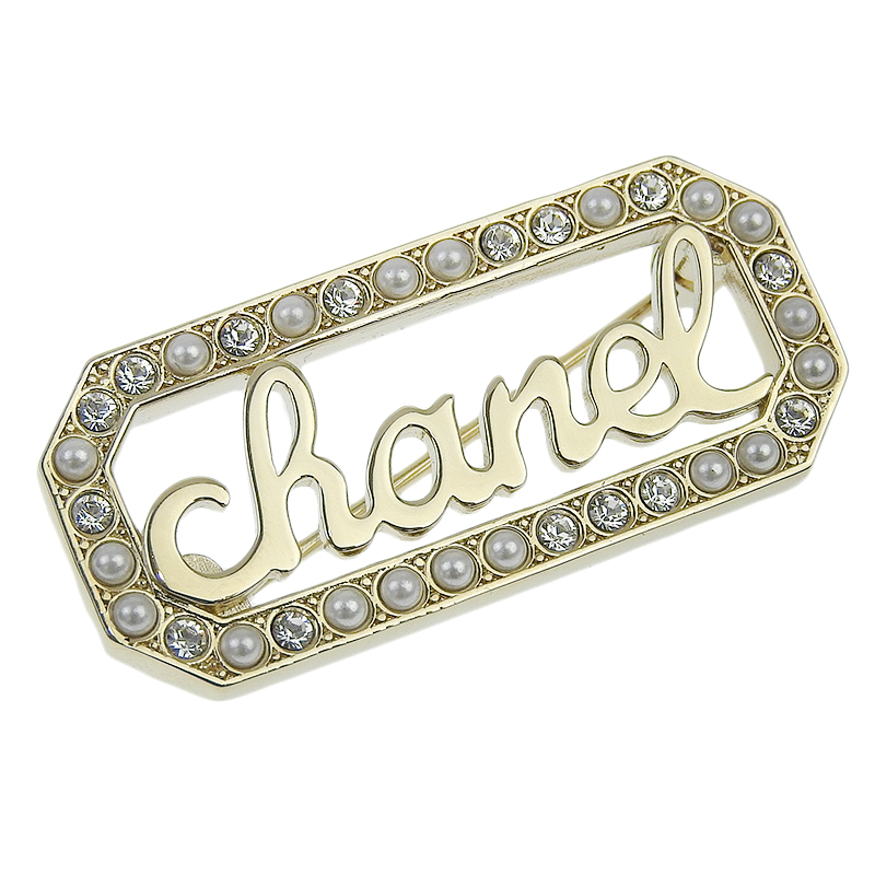シャネル CHANEL ブローチ ロゴ フェイクパール ラインストーン ゴールド色 L23B 中古 CH0942