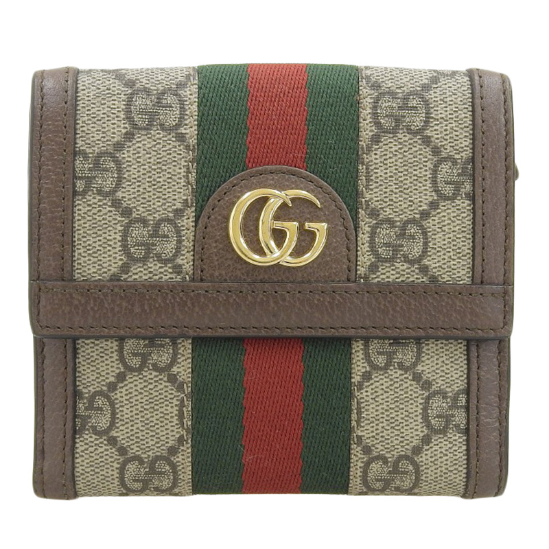 グッチ GUCCI オフィディア GGフレンチフラップウォレット 二つ折り財布 GGスプリーム ベージュ/エボニー 523173 中古 GU0602