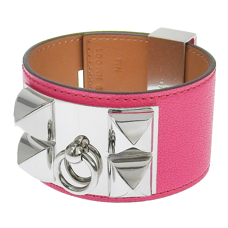 エルメス HERMES コリエ・ド・シアン ブレスレット バングル レザー ピンク SV金具 B刻印 2023年 美品 HE0955