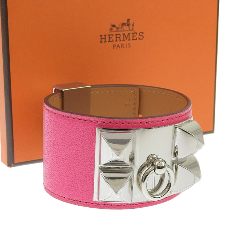 http://エルメス%20HERMES%20コリエ・ド・シアン%20ブレスレット%20バングル%20レザー%20ピンク%20SV金具%20B刻印%202023年%20美品%20HE0955