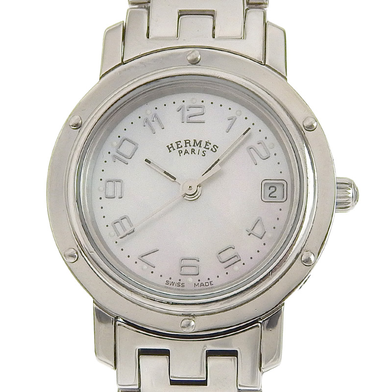 エルメス HERMES クリッパー ナクレ レディース クォーツ 腕時計 SS シェル文字盤 CL4.210 中古 HE0961