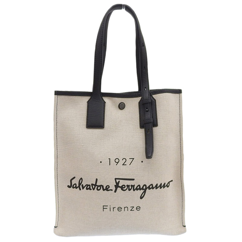 http://フェラガモ%20FERRAGAMO%20ロゴ%20トートバッグ%20キャンバス/レザー%20ベージュ/ブラック%20中古%20OB1996