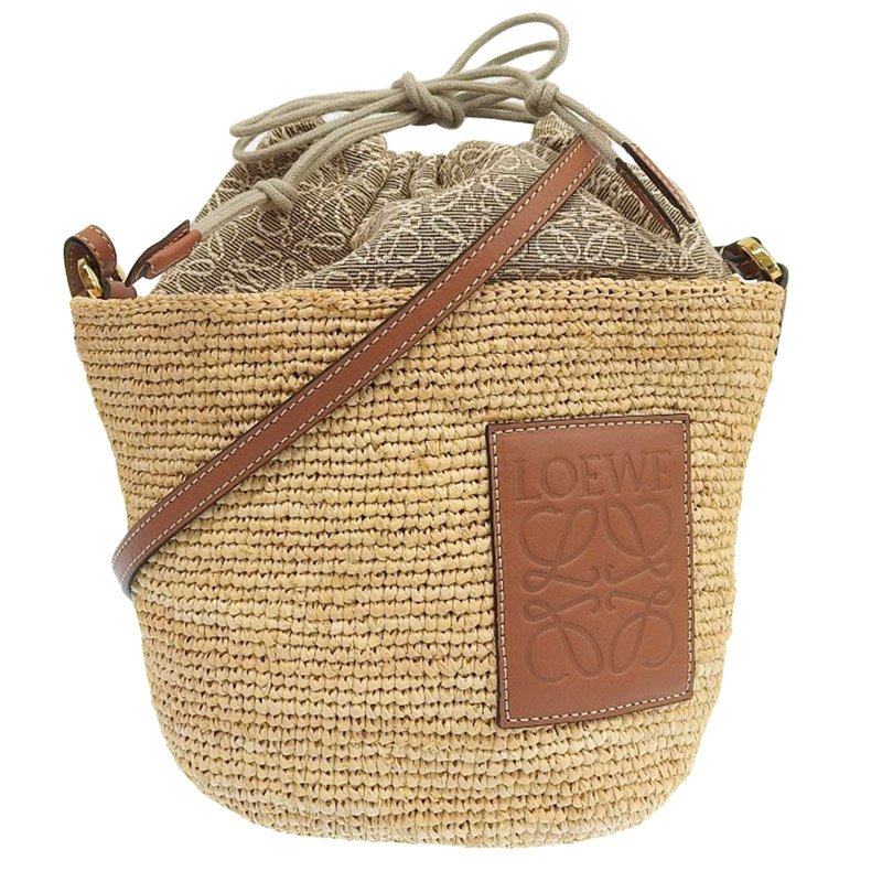 ロエベ LOEWE アナグラム ショルダーバッグ ポシェットバッグ ラフィア/ジャガード/レザー ナチュラル/タン 中古 OB1999