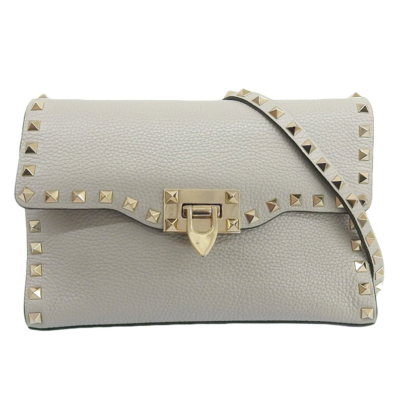 ヴァレンティノ VALENTINO ロックスタッズ ショルダーバッグ レザー グレー 中古 OB2028