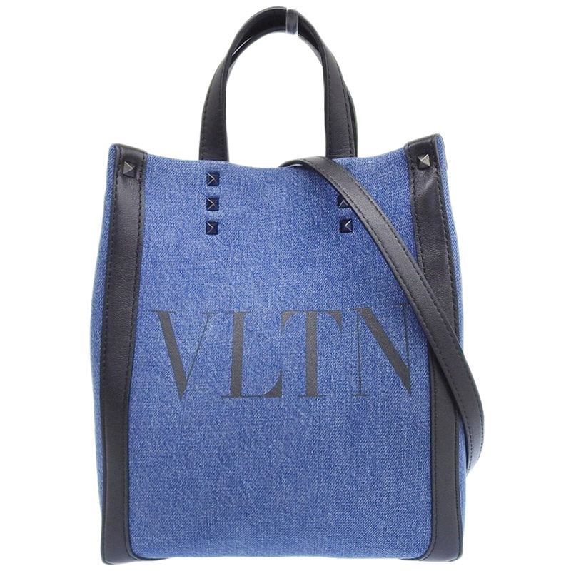 ヴァレンティノ VALENTINO VLTN スタッズ 2WAYバッグ ハンドバッグ デニム/レザー ネイビー/ブラック 2Y2B0B78 中古 OB2041