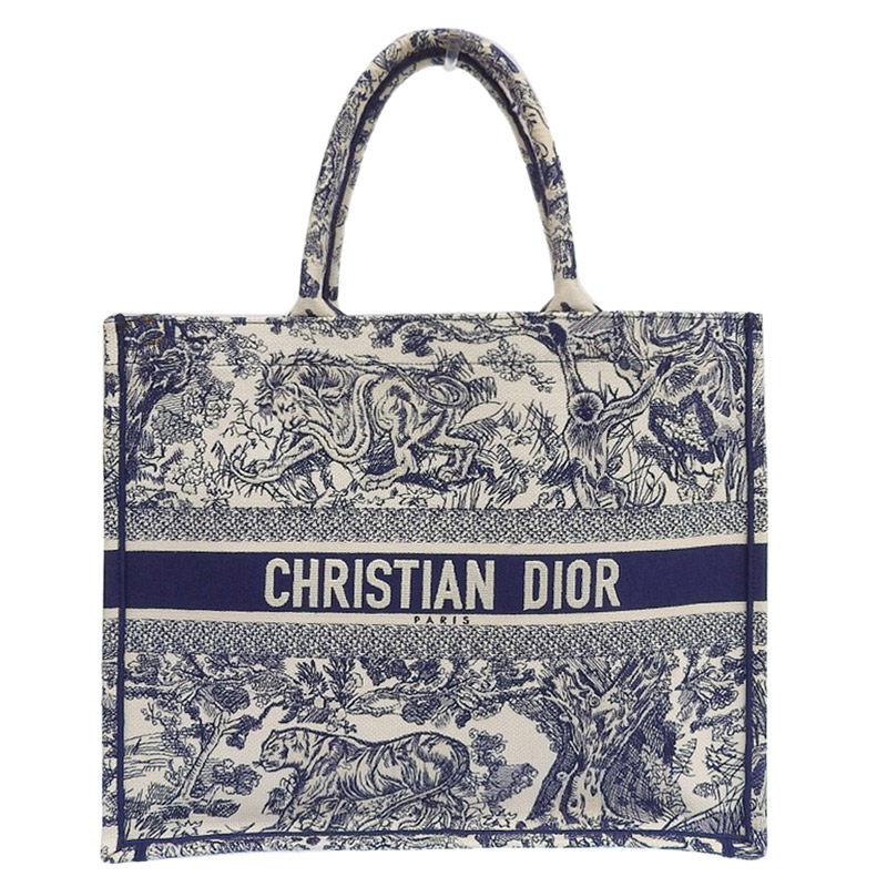 ディオール CHRISTIAN DIOR ブックトート ラージ トワル ドゥ ジュイ エンブロイダリー ネイビー/ホワイト 中古 OB2044