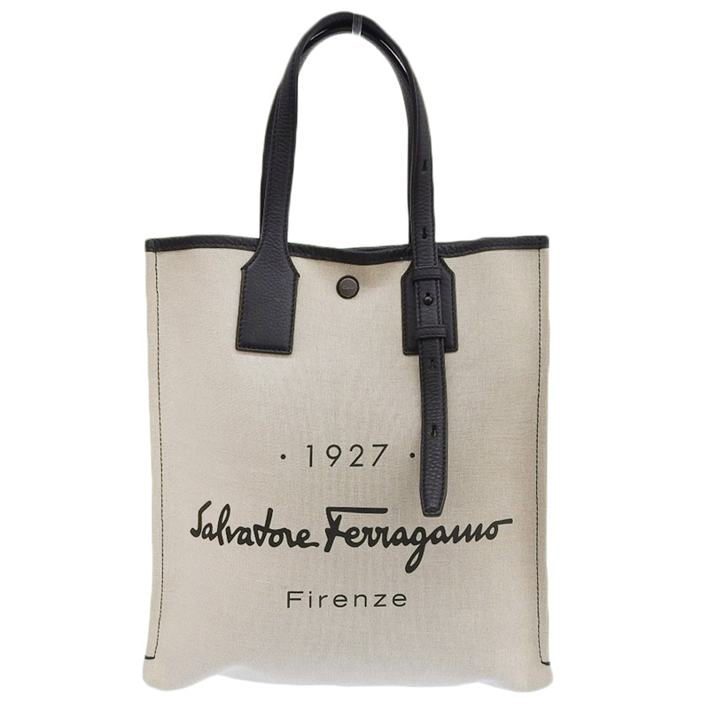 http://フェラガモ%20FERRAGAMO%20ロゴ%20トートバッグ%20キャンバス/レザー%20ベージュ/ブラック%20中古%20OB2052