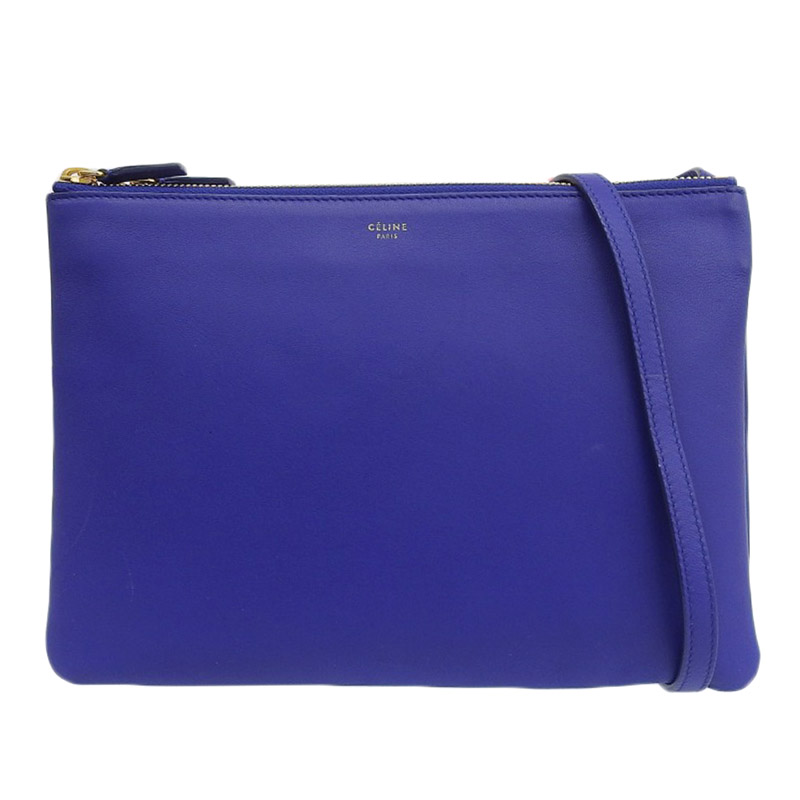 セリーヌ CELINE トリオ ラージ ショルダーバッグ レザー ブルー 中古 OB2060