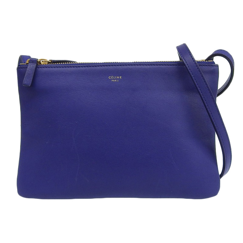 セリーヌ CELINE トリオ スモール ショルダーバッグ レザー ブルー 中古 OB2061