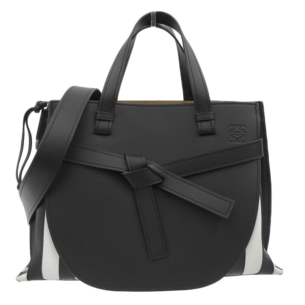 ロエベ LOEWE ゲートトップハンドル 2WAYバッグ ハンドバッグ ショルダーバッグ レザー/キャンバス ブラック/ホワイト 中古 OB2070