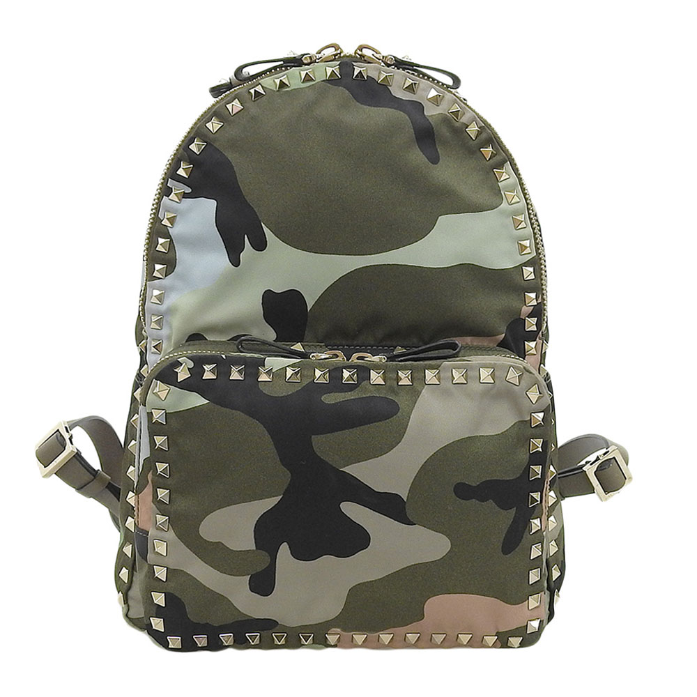 ヴァレンティノ VALENTINO バックパック リュックサック スタッズ ナイロン/レザー グリーン系 迷彩柄 カモフラ−ジュ 中古 OB2075