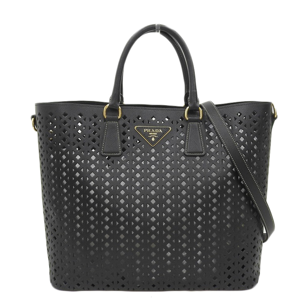 プラダ PRADA 2WAYバッグ トートバッグ ショルダーバッグ パンチング サフィアーノ レザー ブラック BR5016 中古 OB2089