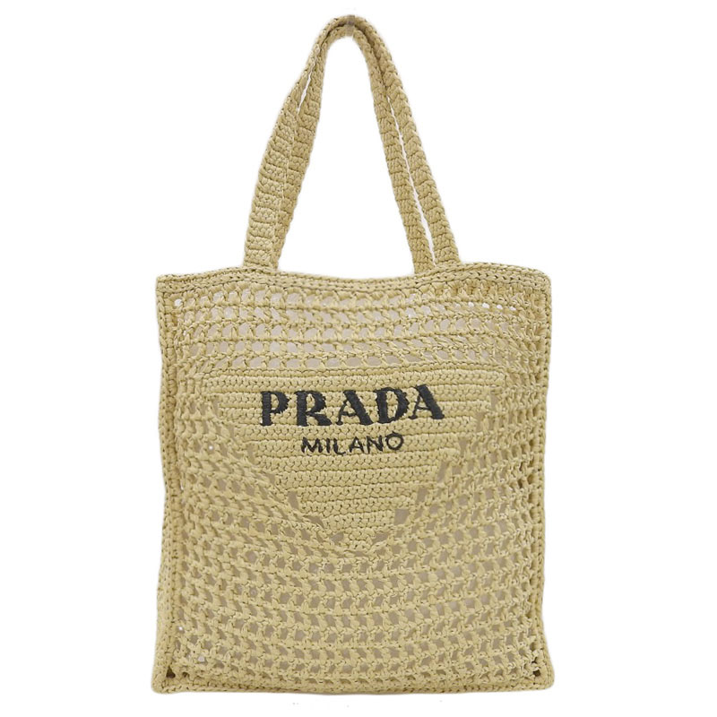プラダ PRADA クロシェ トートバッグ レタリングロゴ ラフィア ナチュラル 1BG393 中古 OB2101