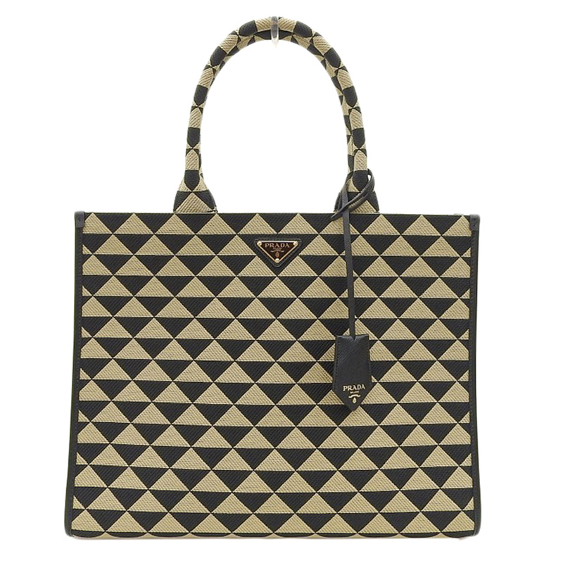 プラダ PRADA シンボル エンブロイダリー トートバッグ ファブリック/レザー ブラック/ベージュ 1BA356 中古 OB2130