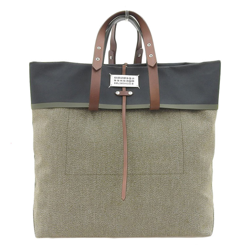 http://メゾンマルジェラ%20Maison%20Margiela%20フォールドオーバー%20トートバッグ%20キャンバス/レザー/ナイロン%20グリーン/ブラウン%20中古%20OB2148