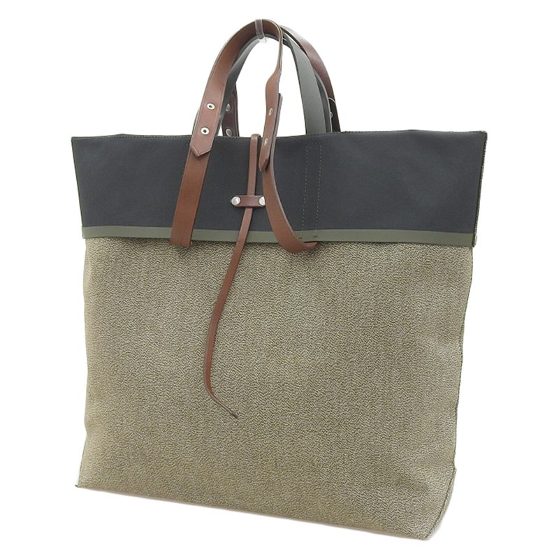 http://メゾンマルジェラ%20Maison%20Margiela%20フォールドオーバー%20トートバッグ%20キャンバス/レザー/ナイロン%20グリーン/ブラウン%20中古%20OB2148