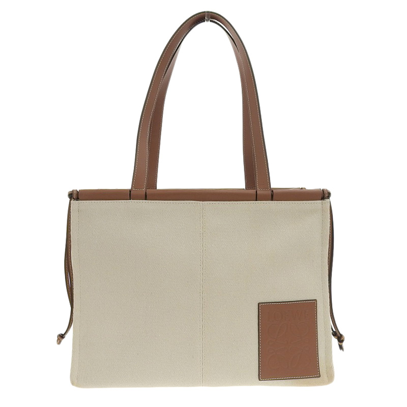 ロエベ LOEWE クッション トートバッグ キャンバス/レザー アイボリー/ブラウン 中古 OB2153