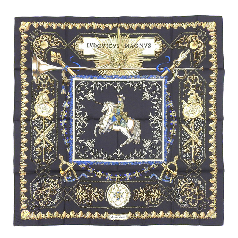 エルメス HERMES カレ90 スカーフ 「LVDOVICVS MAGNVS」 「白馬にまたがったルイ１４世」 シルク ブラック 美品 HE1003
