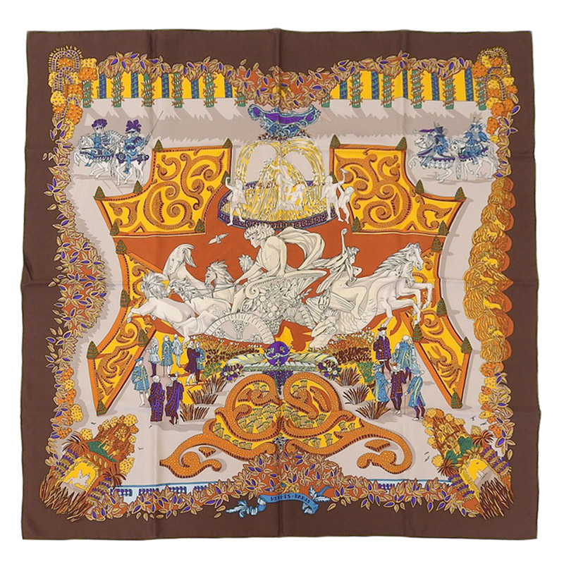 http://エルメス%20HERMES%20カレ90%20スカーフ%20DU%20PARADAIS%20DU%20ROY%20王の楽園%20シルク%20ブラウン系%20中古%20HE1104