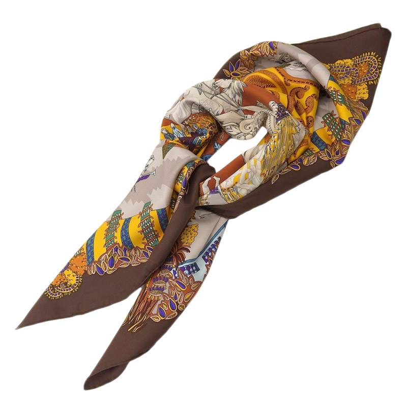 http://エルメス%20HERMES%20カレ90%20スカーフ%20DU%20PARADAIS%20DU%20ROY%20王の楽園%20シルク%20ブラウン系%20中古%20HE1104