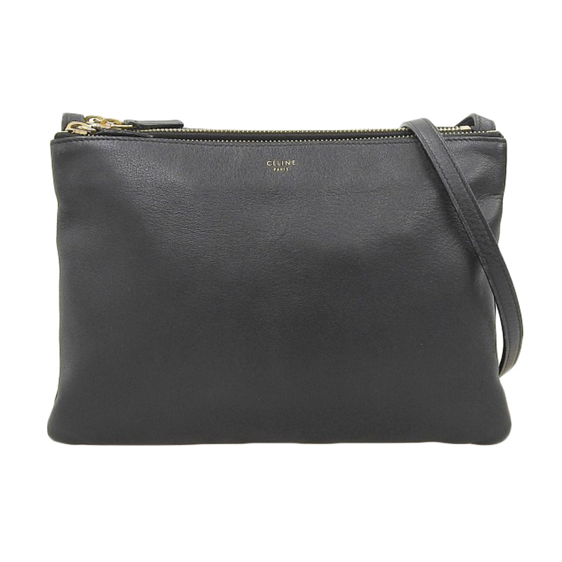 セリーヌ CELINE トリオ ショルダーバッグ 斜め掛けショルダーバッグ レザー ブラック 中古 OB2096