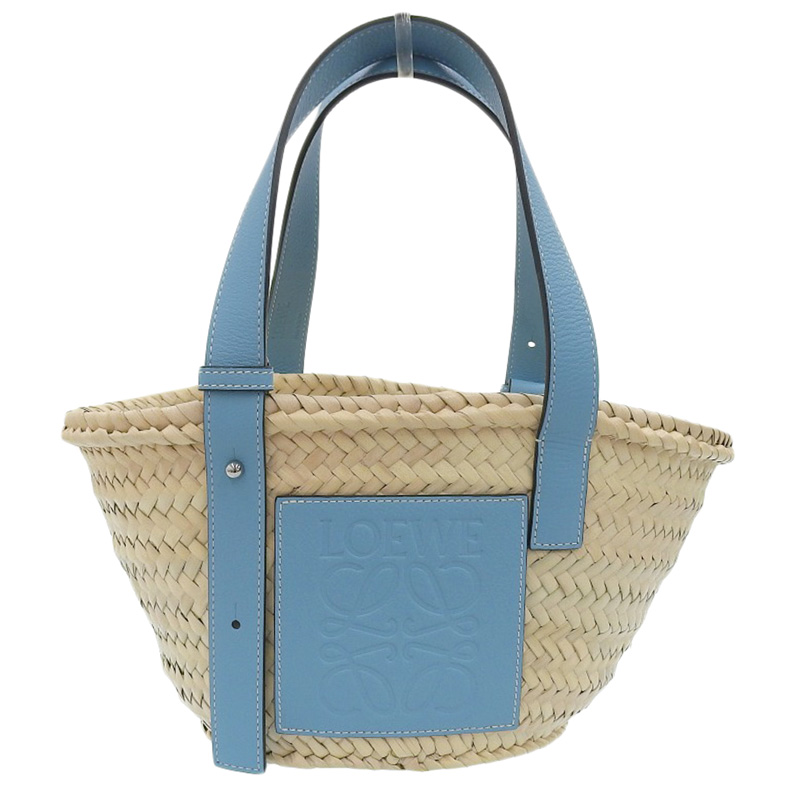 ロエベ LOEWE バスケットバッグ スモール トートバッグ かごバッグ ラフィア/レザー ナチュラル/ブルー 327.02.S93 中古 OB2099