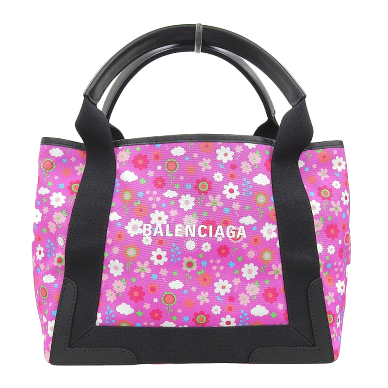 http://バレンシアガ%20BALENCIAGA%20ネイビーカバスS%20トートバッグ%20キャンバス/レザー%20ピンク/ブラック%20花柄%20フラワー%20339933%20中古%20OB2110