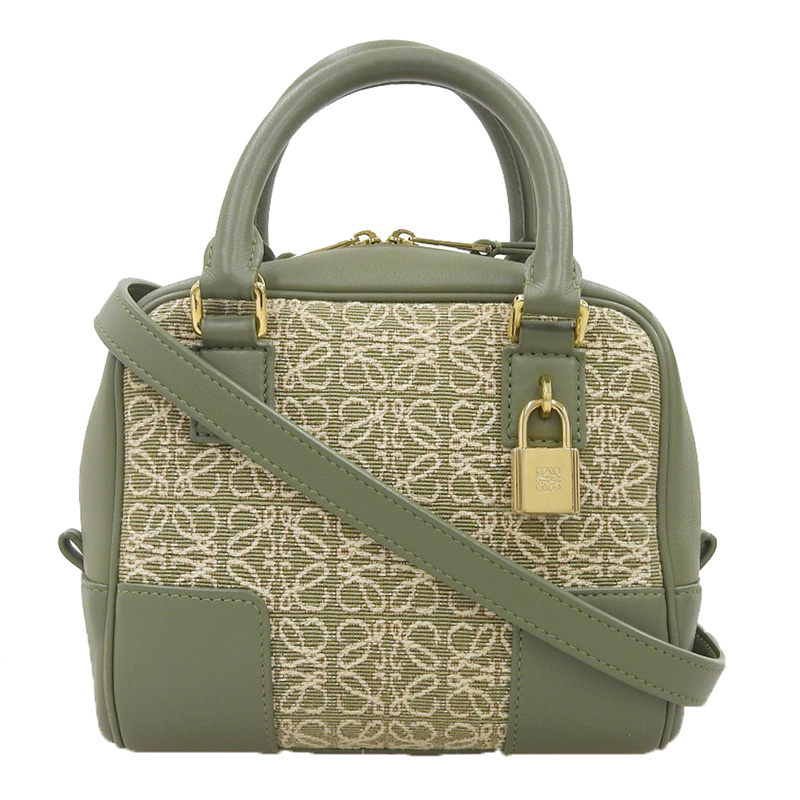 http://ロエベ%20LOEWE%20アマソナ16%20スクエア%202WAYバッグ%20ショルダーバッグ%20キャンバス/レザー%20グリーン%20中古%20OB2117
