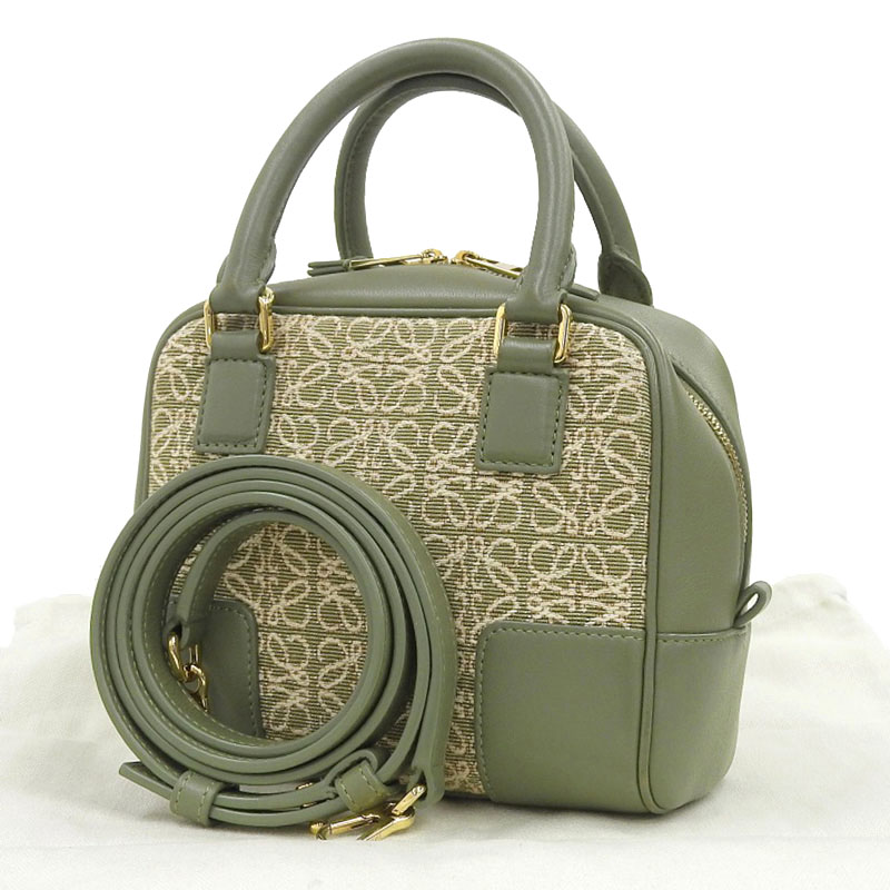 http://ロエベ%20LOEWE%20アマソナ16%20スクエア%202WAYバッグ%20ショルダーバッグ%20キャンバス/レザー%20グリーン%20中古%20OB2117