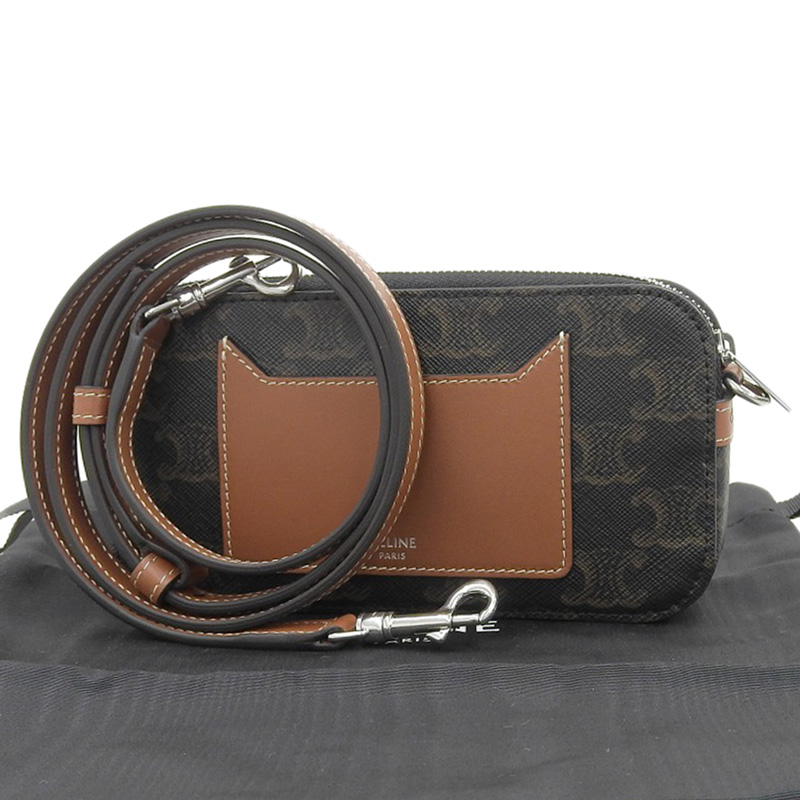 http://セリーヌ%20CELINE%20ホリゾンタルポーチ%20ショルダーバッグ%20トリオンフキャンバス/レザー%20タン%20美品%20OB2118