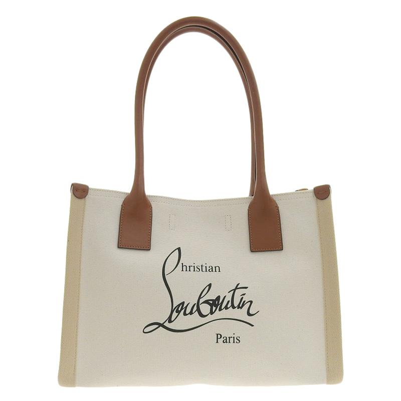 http://クリスチャンルブタン%20CHRISTIAN%20LOUBOUTIN%20トートバッグ%20EWスモール%20キャンバス/レザー%20アイボリー/ブラウン%20中古%20OB2123