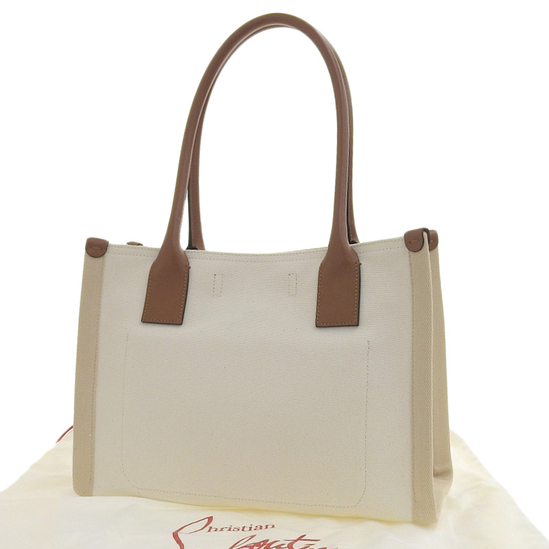 http://クリスチャンルブタン%20CHRISTIAN%20LOUBOUTIN%20トートバッグ%20EWスモール%20キャンバス/レザー%20アイボリー/ブラウン%20中古%20OB2123