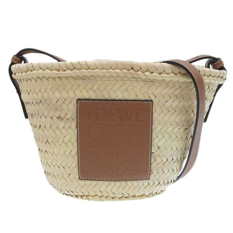 ロエベ LOEWE ドローストリングミニ バケットバッグ ショルダー かご ラフィア/レザー ナチュラル/タン A223222X01 中古 OB2171