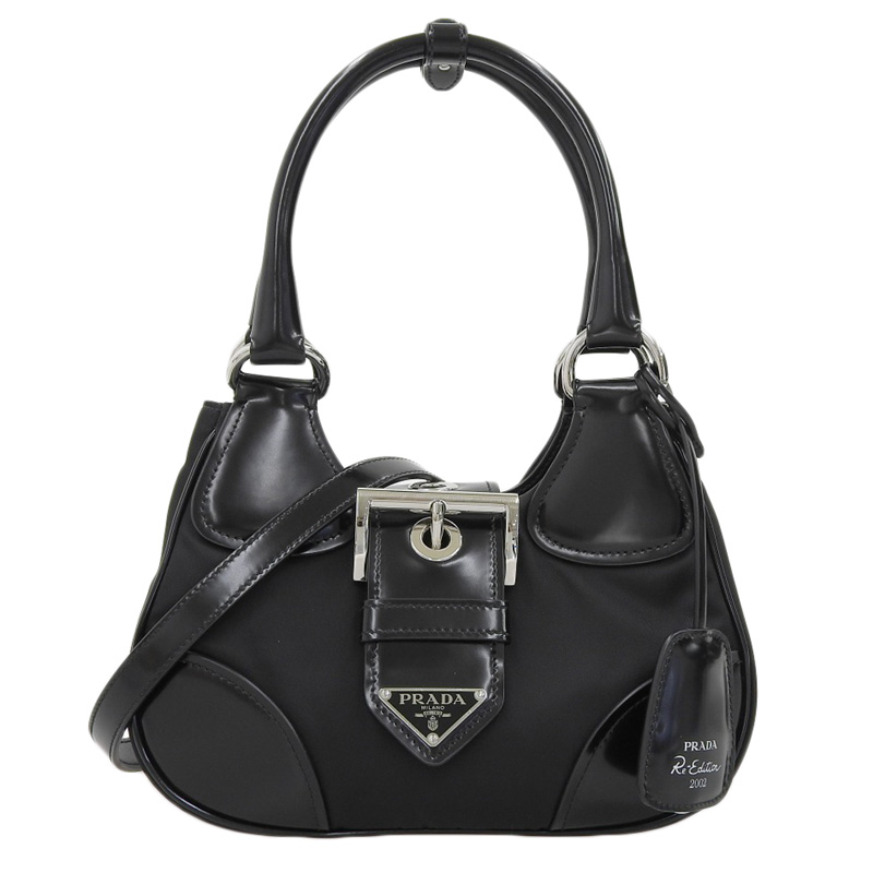 プラダ PRADA ムーン 2WAYバッグ ハンドバッグ ショルダーバッグ Re-Nylon/レザー ブラック 1BA381 中古 OB2172