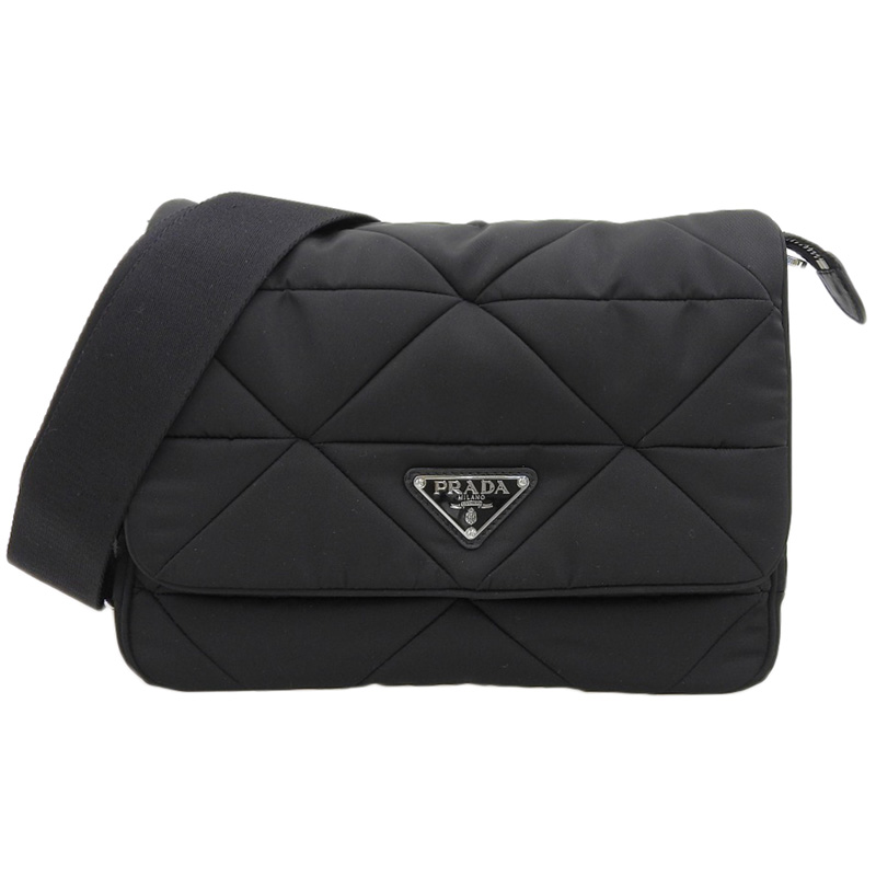 プラダ PRADA パデッド ショルダーバッグ Re-Nylon ファブリック レザー ブラック 1BD290 中古 OB2182