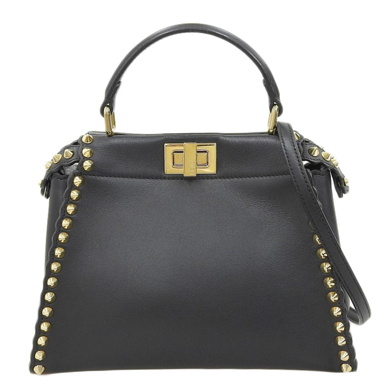 http://フェンディ%20FENDI%20ピーカブー%20ミニ%202WAYバッグ%20ハンドバッグ%20ショルダーバッグ%20スタッズ%20レザー%20ブラック%208BN244%20中古%20OB2185