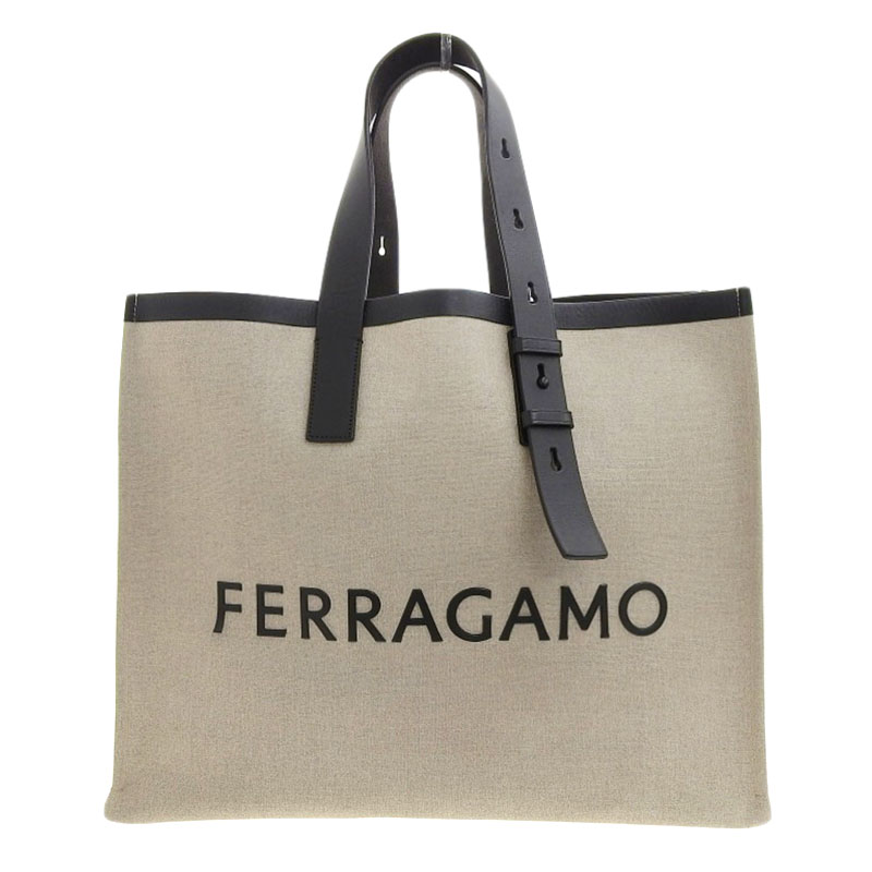フェラガモ FERRAGAMO ロゴ トートバッグ キャンバス/レザー ベージュ/ブラック 中古 OB2192