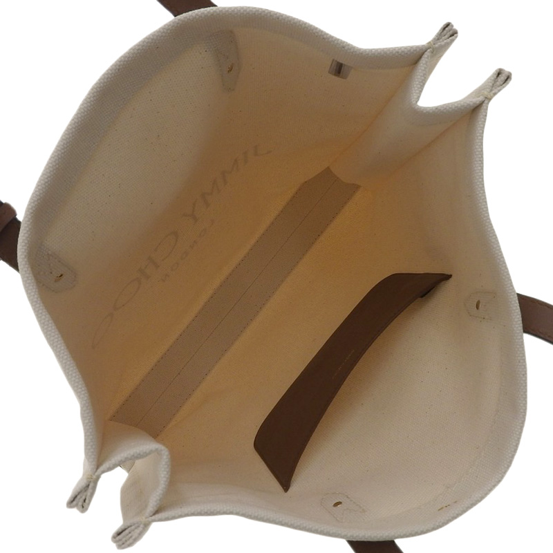http://ジミーチュウ%20JIMMY%20CHOO%20ロゴ%20トートバッグ%20キャンバス/レザー%20ナチュラル/タン%20中古%20OB2204