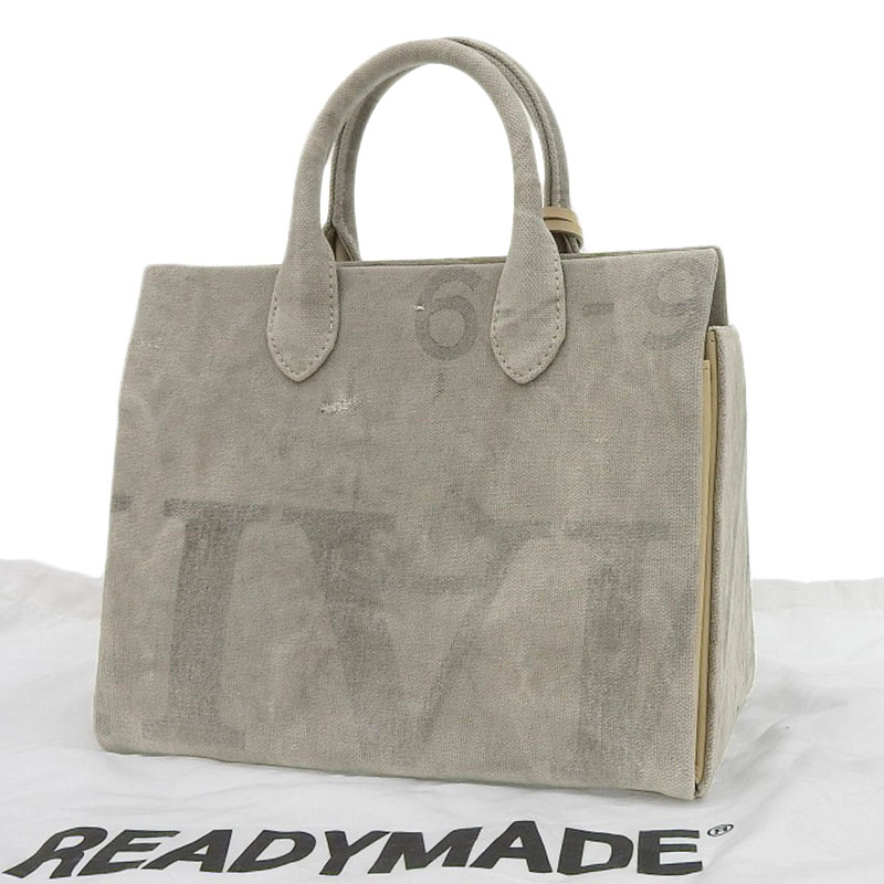 http://レディメイド%20READYMADE%20ハンドバッグ%20キャンバス/レザー%20グレー系%20美品%20OB2211